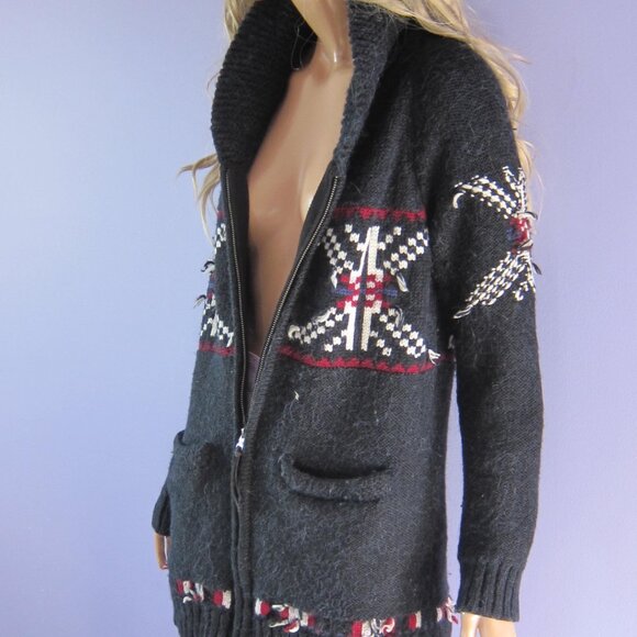 RARE TNA ARITZIA Black Wool Alpaca Shawl Collar Aztec Navajo Zip Up Sweater Coat - Picture 4 of 10